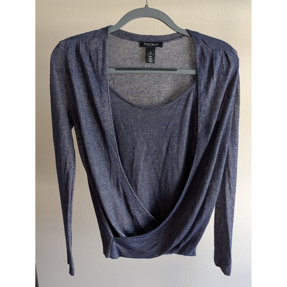 White House Black Market Navy Gold Metallic Shimmer Faux Wrap Top XS Long Sleeve